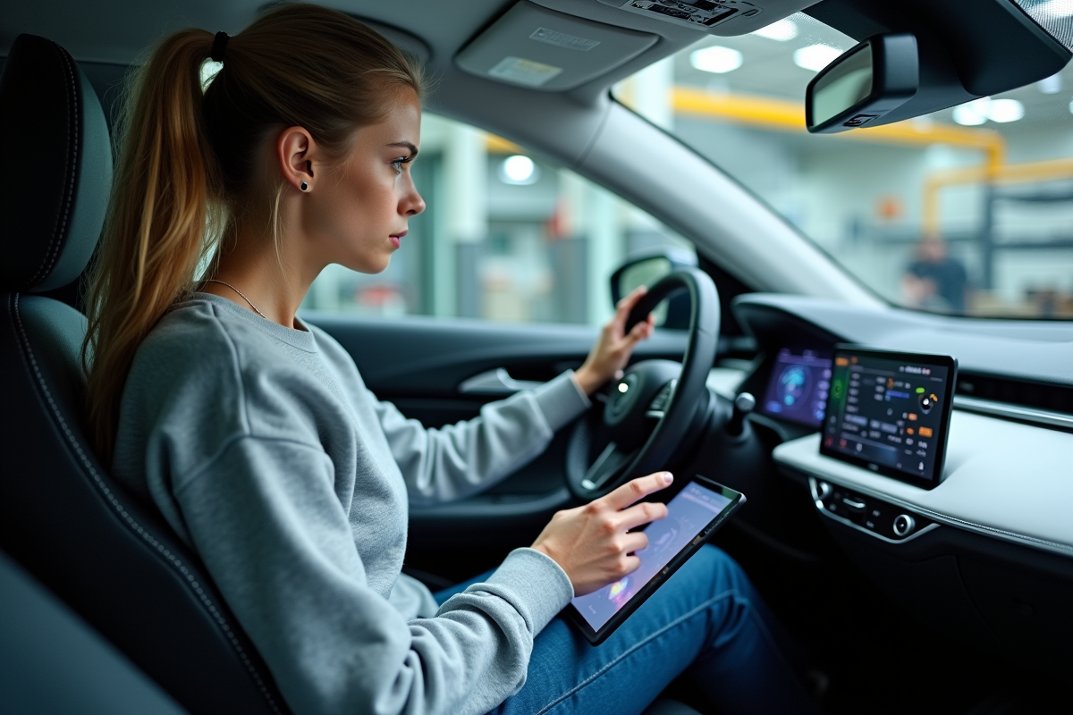 Technicienne à l’intérieur d’un véhicule autonome en laboratoire