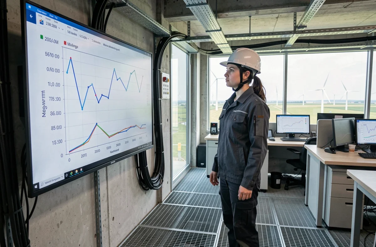 Technicienne supervisant la production d'énergie en mégawatts sur un écran de contrôle dans une salle de commande d'éolienne