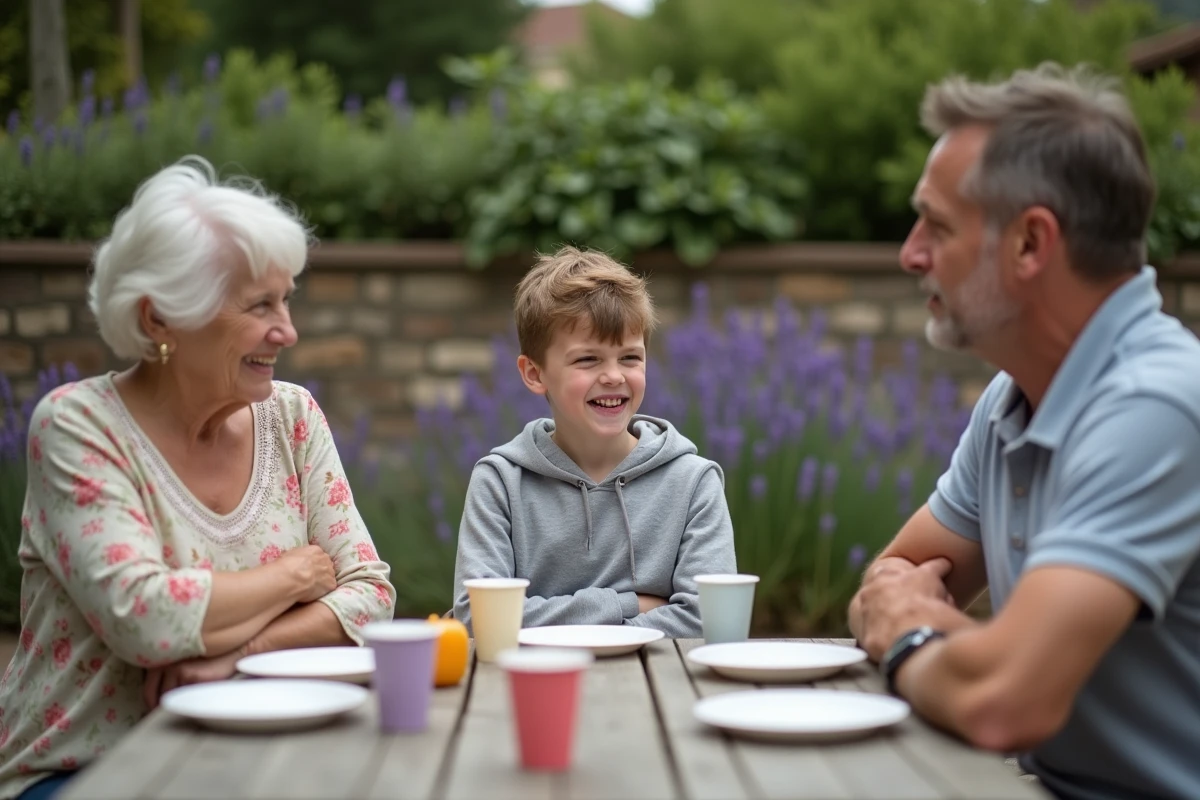 Adolescent entre sa grand-mère et son oncle lors d'un repas de famille en terrasse, exprimant une exaspération amusée face à une blague de beauf
