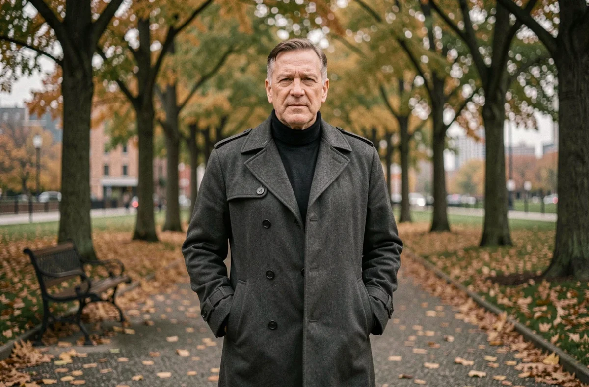 Homme mature en manteau charcoal marchant dans une allée de parc en automne, portrait en extérieur évoquant l'intimité et la personnalité d'un auteur comme Tom Benoit