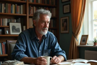 Homme d'âge mûr assis à un bureau encombré de livres et de notes dans une bibliothèque personnelle, illustrant la vie privée et l'univers intime d'un auteur comme Tom Benoit