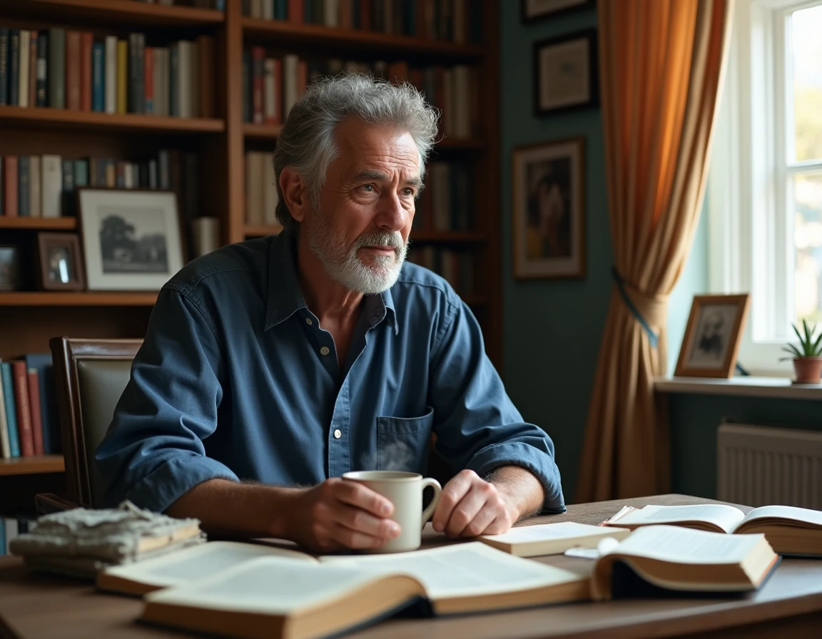 Homme d'âge mûr assis à un bureau encombré de livres et de notes dans une bibliothèque personnelle, illustrant la vie privée et l'univers intime d'un auteur comme Tom Benoit