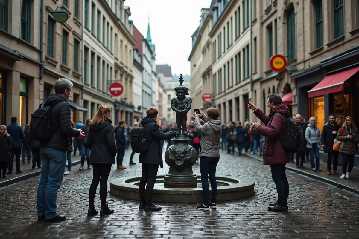 Touristes photographiant le Manneken Pis à l'angle de la rue du Chêne dans le vieux Bruxelles
