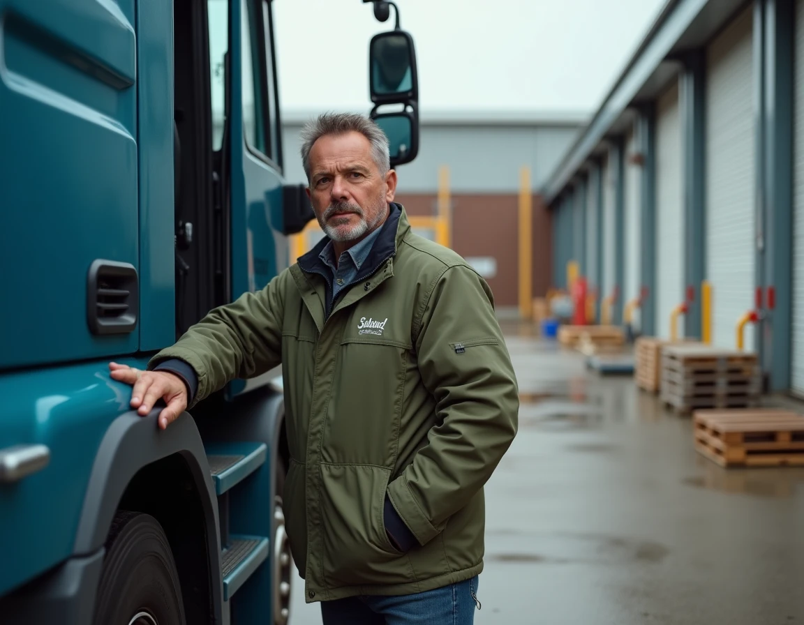 Chauffeur des Transports Sabatier debout près de la cabine de son camion poids lourd dans un entrepôt logistique
