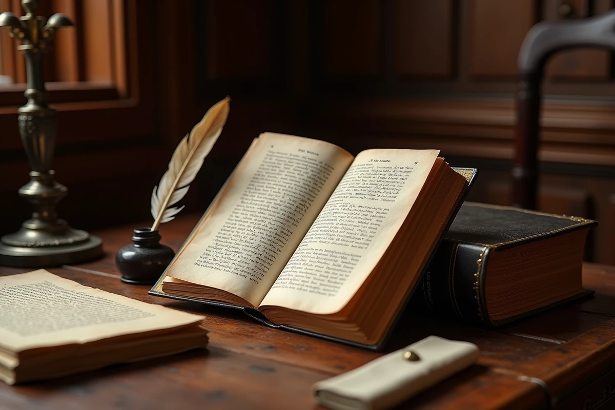 Une édition ancienne de Un conte de deux villes de Dickens sur un bureau victorien avec une plume et un encrier
