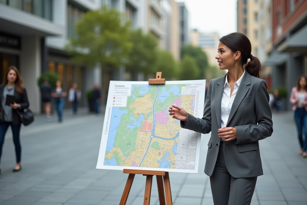 Urbaniste femme expliquant un plan urbain en extérieur