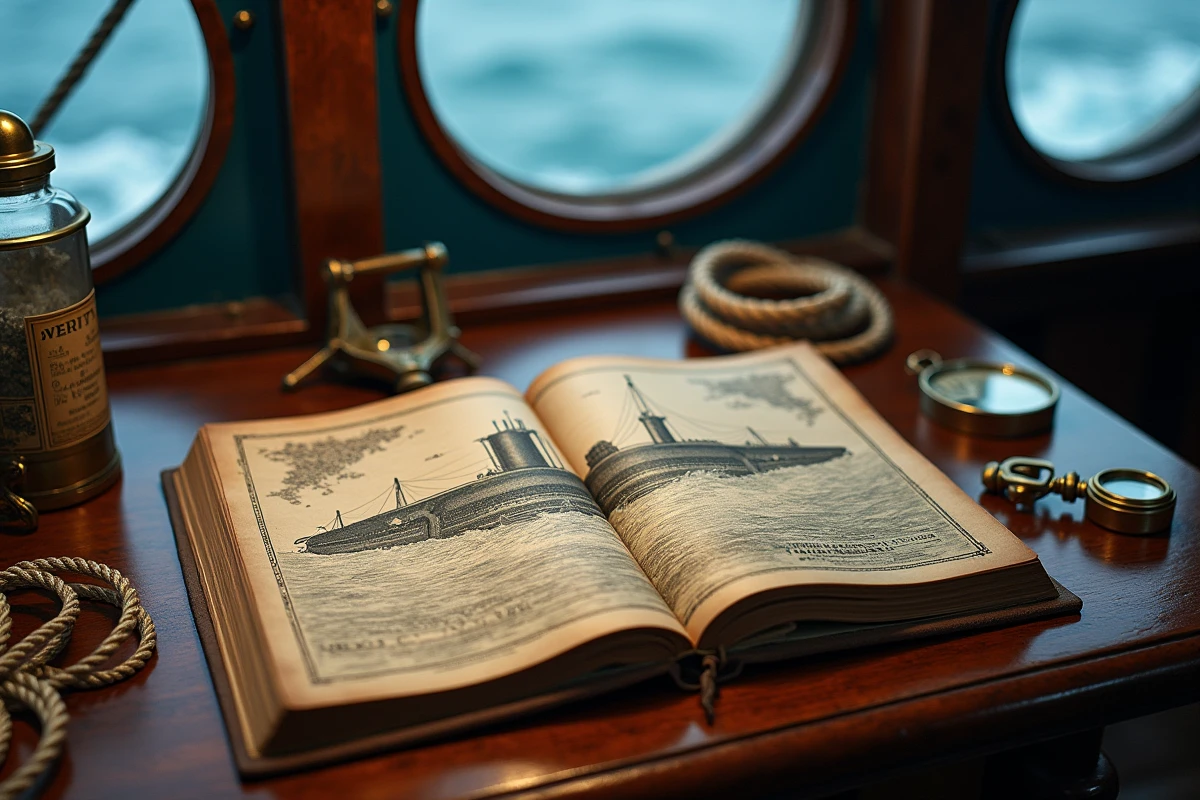 Vingt mille lieues sous les mers de Jules Verne ouvert sur une carte nautique avec un sextant en laiton dans une cabine de navire