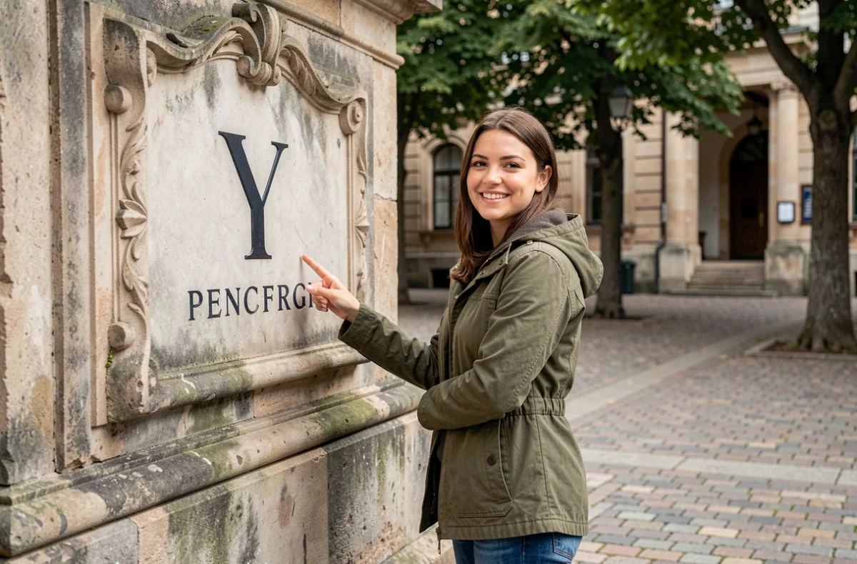 Voyageuse devant une enseigne urbaine avec un Y majuscule dans une place publique européenne