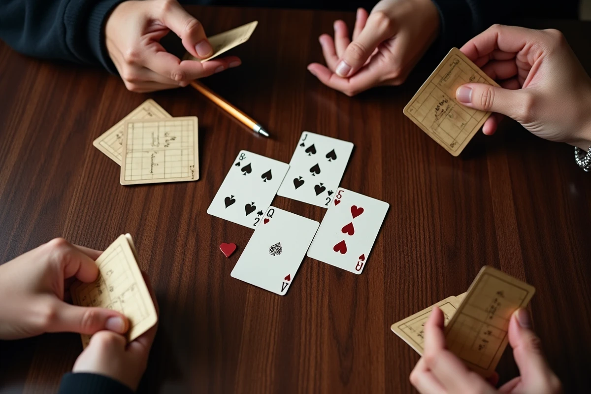 Vue en plongée d'une partie de belote à deux avec des cartes retournées sur une table en bois foncé et un carnet de score manuscrit