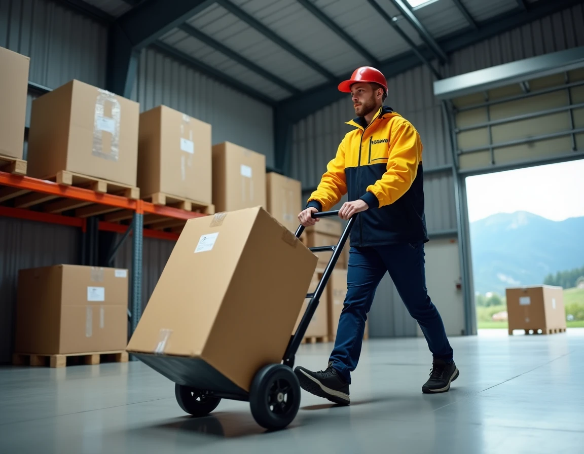 Spécialiste Workwave Déménagement Haute-Loire utilisant un diable pour déplacer des cartons dans un entrepôt